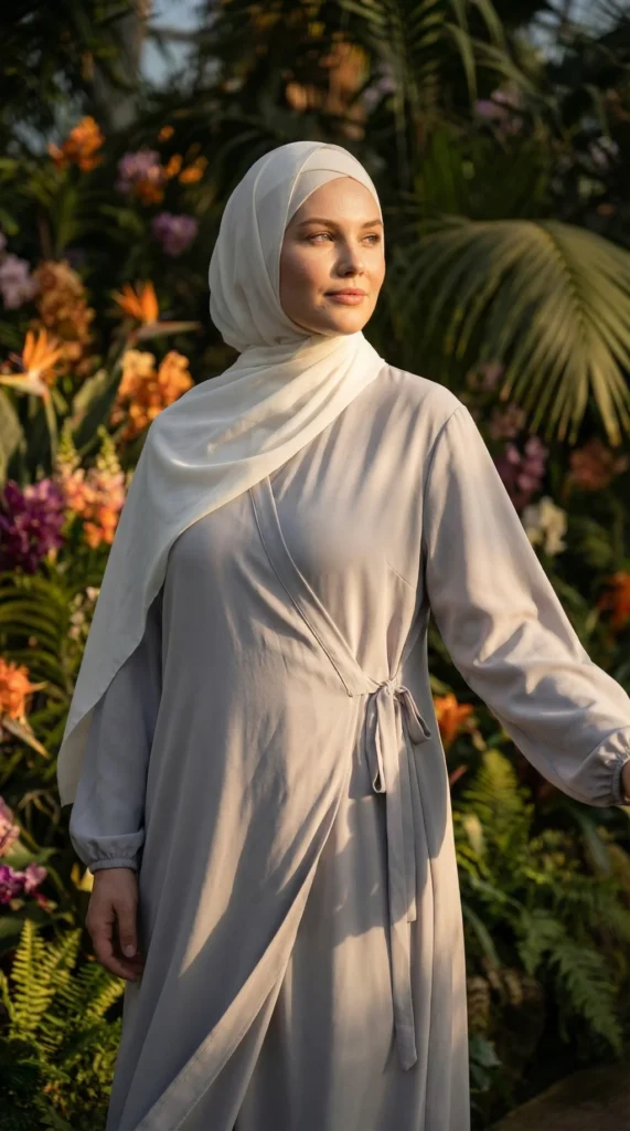 Grey Puffed Sleeve Wrap Abaya Dress with Bow - Garden Photo - Model Style: Hijabi