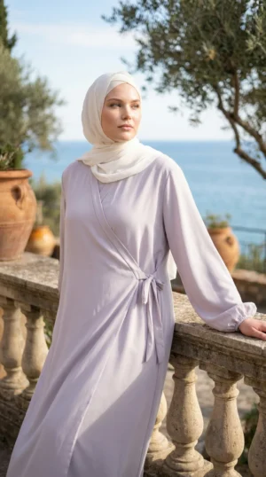 Robe Abaya Croisée Manches Bouffantes avec noeud Grise - Lifestyle Photo - Model Style: Hijabi