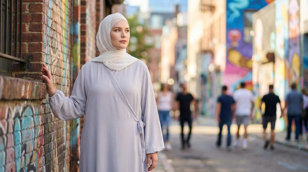 Robe Abaya Croisée Manches Bouffantes avec noeud Grise - Street Photo - Model Style: Hijabi