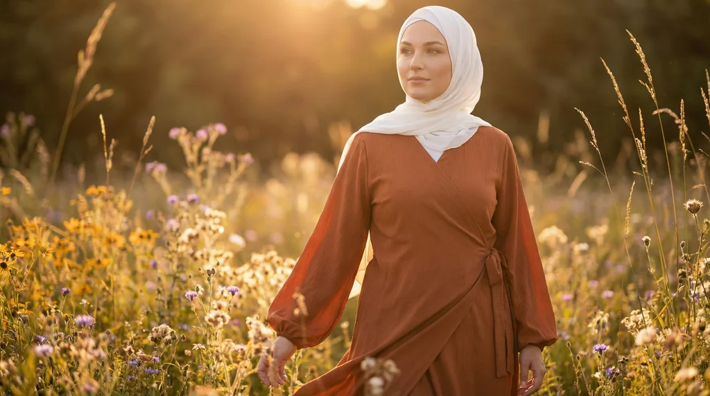 Robe Abaya Croisée Manches Bouffantes avec noeud Marron - Garden Photo - Model Style: Hijabi