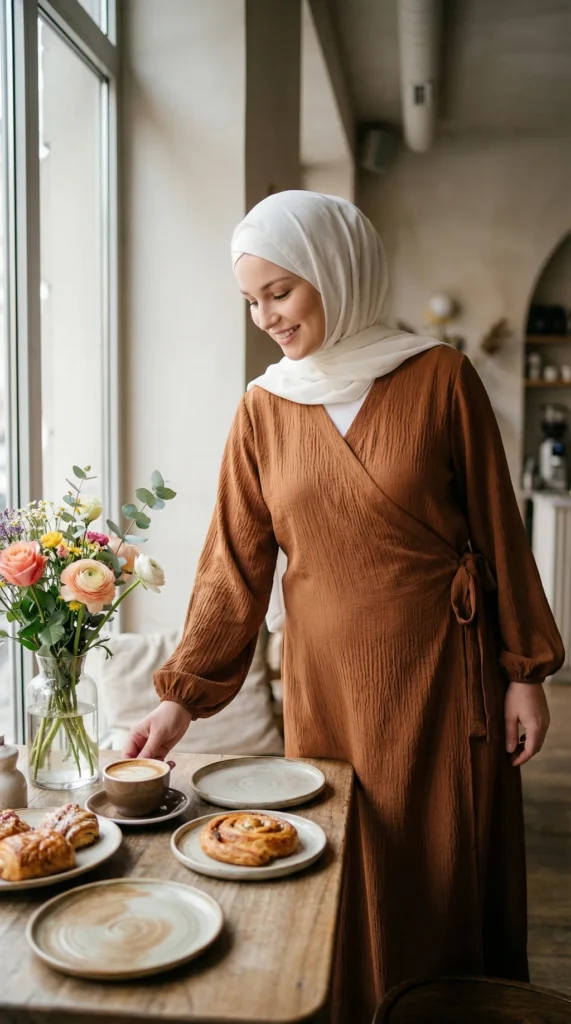 Gekreuzte Abaya mit Puffärmeln und brauner Schleife - Lifestyle-Foto - Model-Stil: Hijabi
