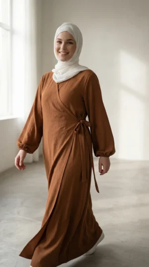 Robe Abaya Croisée Manches Bouffantes avec noeud Marron - Studio Photo - Model Style: Hijabi