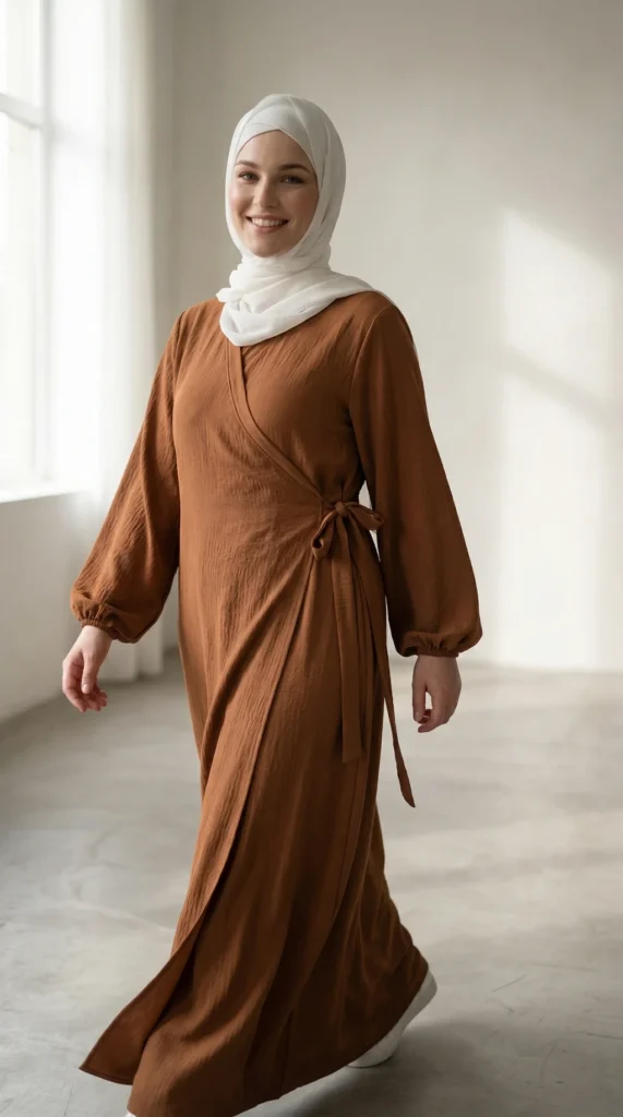 Gekreuzte Abaya mit Puffärmeln und brauner Schleife - Studio-Foto - Model-Stil: Hijabi