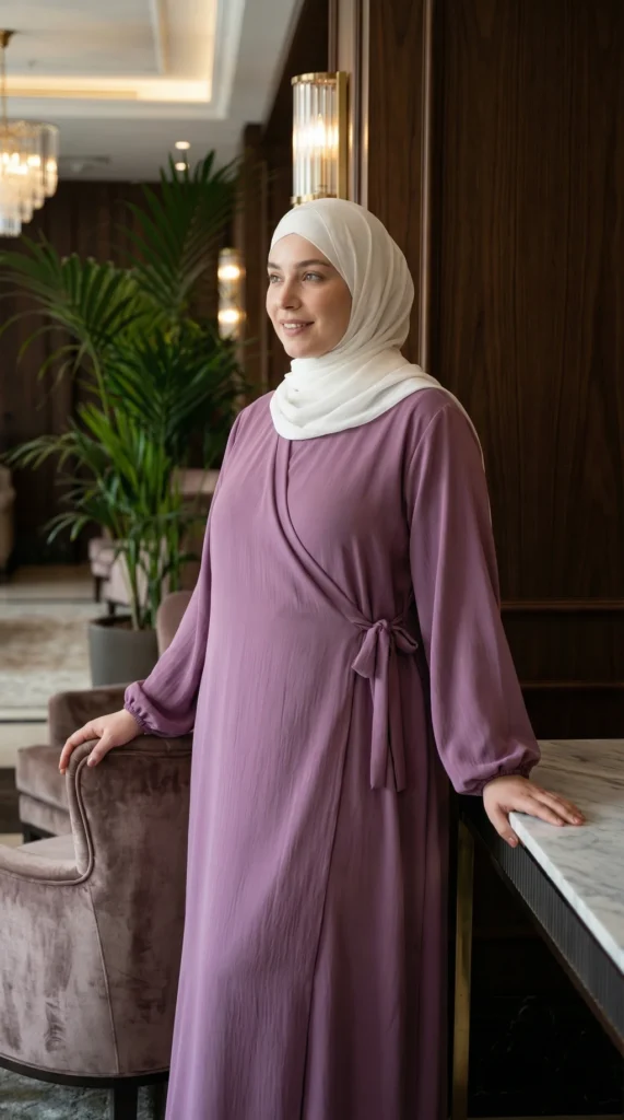 Mauve Puffed Sleeve Wrap Abaya Dress with Bow - Lifestyle Photo - Model Style: Hijabi