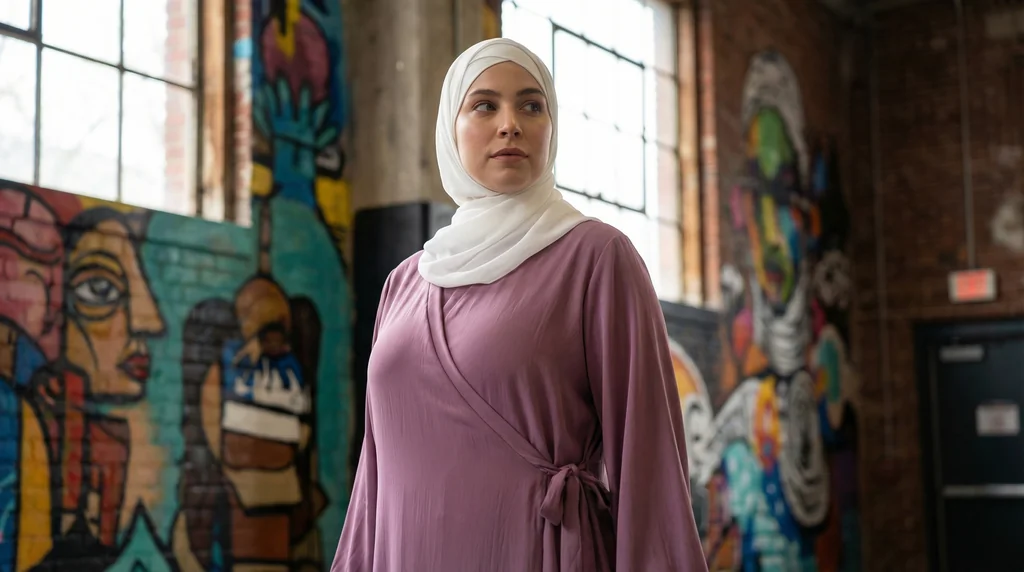 Robe Abaya Croisée Manches Bouffantes avec noeud Mauve - Street Photo - Model Style: Hijabi