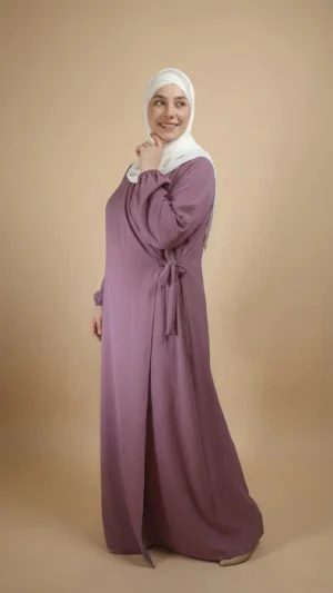 Robe Abaya Croisée Manches Bouffantes avec noeud Mauve - Studio Photo - Model Style: Hijabi