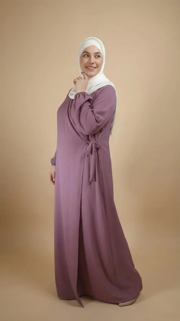 Robe Abaya Croisée Manches Bouffantes avec noeud Mauve - Studio Photo - Model Style: Hijabi