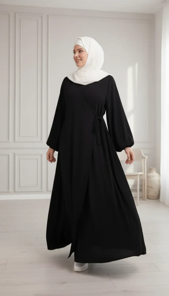 Black Puffed Sleeve Wrap Abaya Dress with Bow - Minimal Photo - Model Style: Hijabi
