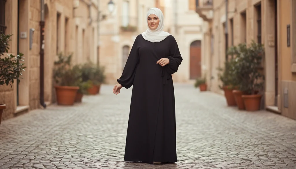 Robe Abaya Croisée Manches Bouffantes avec noeud Noire 1 Robe Abaya Croisée Manches Bouffantes avec noeud Noire - Street Photo - Model Style: Hijabi