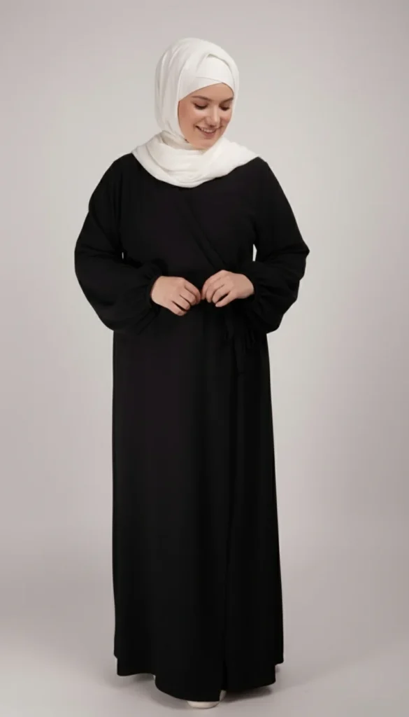 Robe Abaya Croisée Manches Bouffantes avec noeud Noire