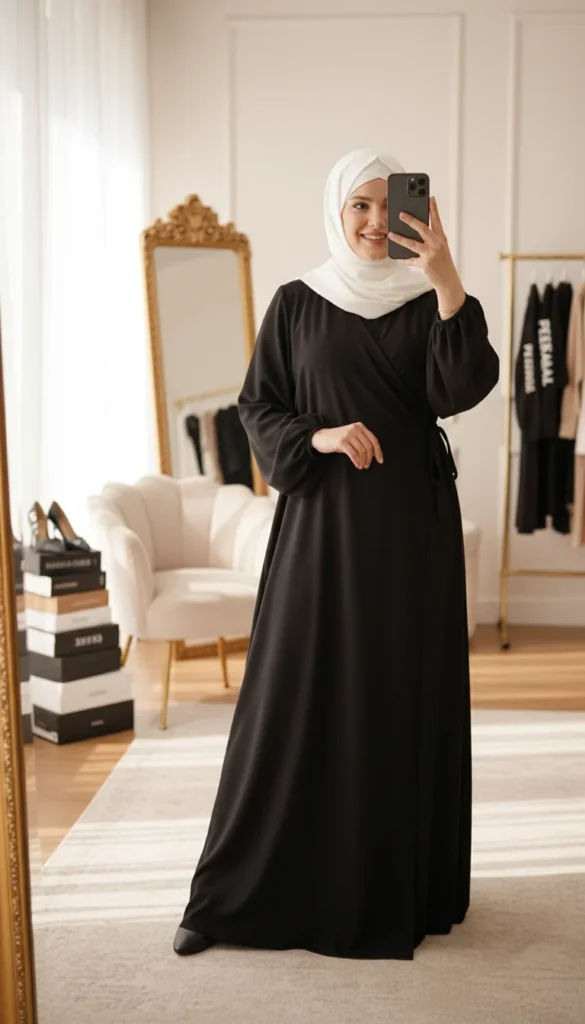 Black Puffed Sleeve Wrap Abaya Dress with Bow - Sylfie Photo - Model Style: Hijabi