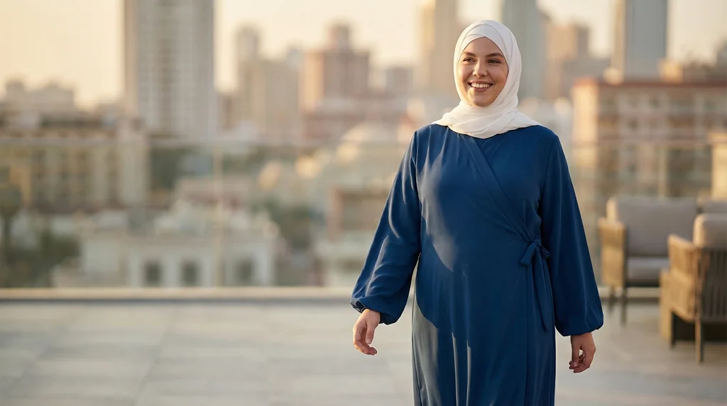 Robe Abaya Croisée Manches Bouffantes avec nœud Teal - Lifestyle Photo - Model Style: Hijabi