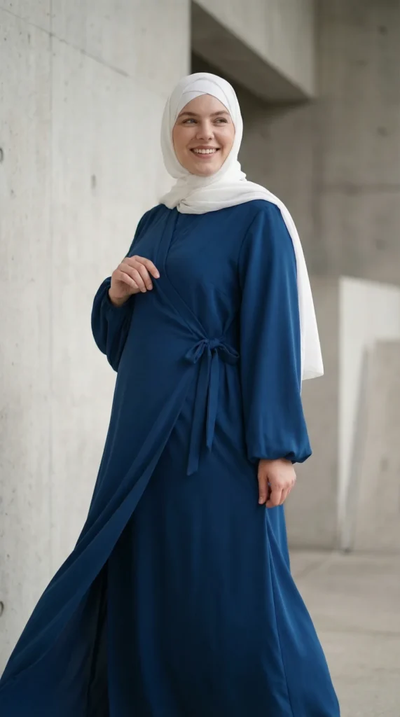 Teal Puffed Sleeve Wrap Abaya Dress with Bow - Minimal Photo - Model Style: Hijabi