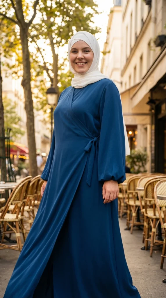 Teal Puffed Sleeve Wrap Abaya Dress with Bow - Street Photo - Model Style: Hijabi