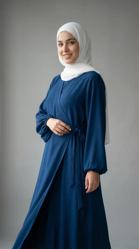 Robe Abaya Croisée Manches Bouffantes avec nœud Bleu canard