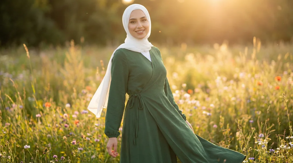 Robe Abaya Croisée Manches Bouffantes avec noeud Vert Sapin 1 Robe Abaya Croisée Manches Bouffantes avec noeud Vert Sapin - Garden Photo - Model Style: Hijabi