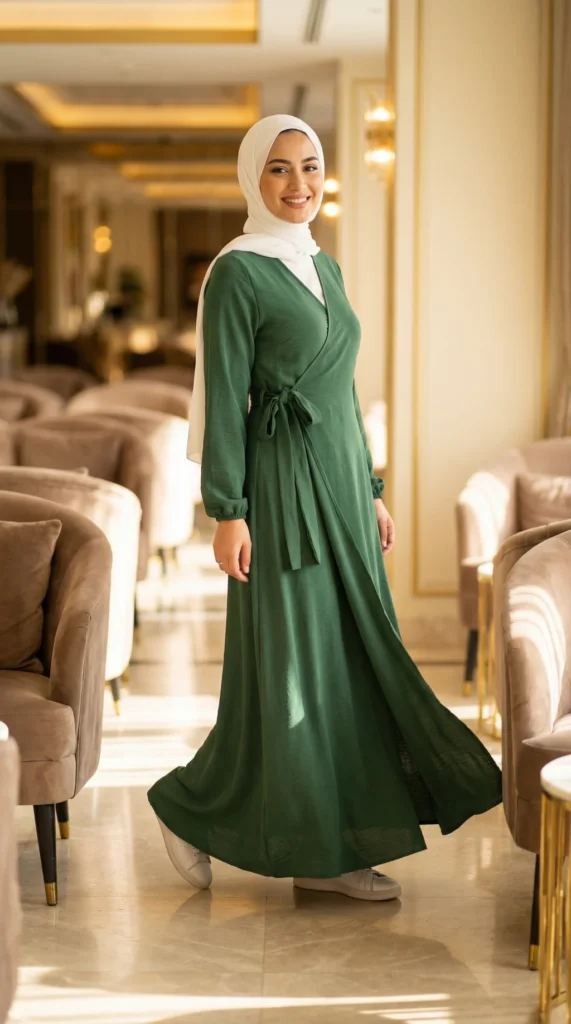 Pine Green Puffy Sleeve Wrap Abaya Dress with bow - Lifestyle Photo - Model Style: Hijabi