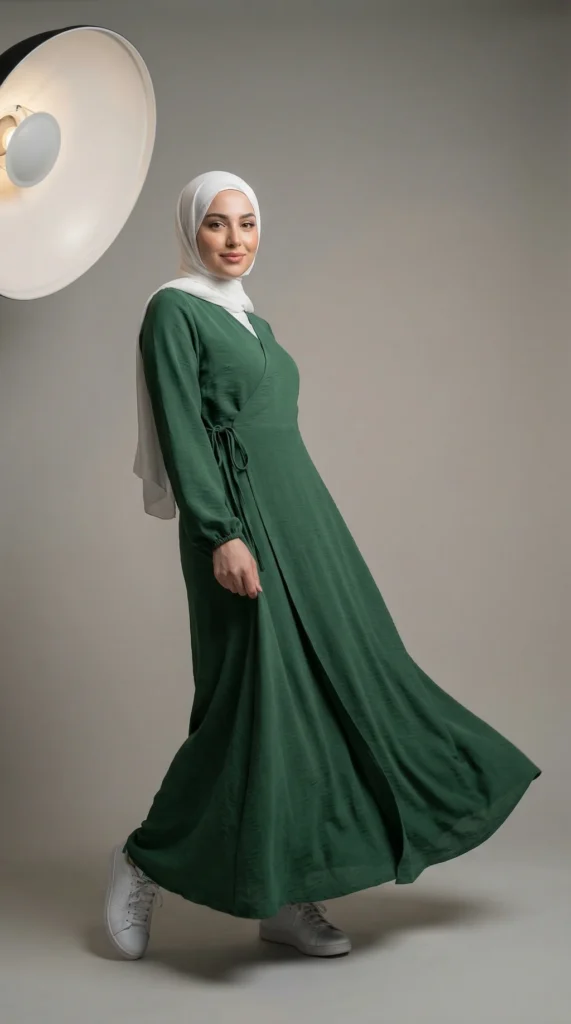Robe Abaya Croisée Manches Bouffantes avec noeud Vert Sapin - Studio Photo - Model Style: Hijabi