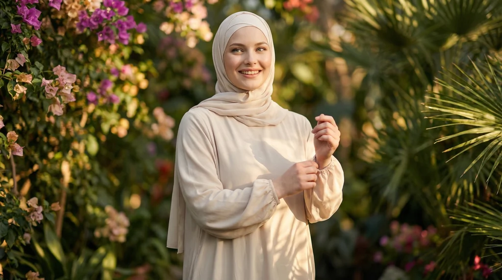 Robe Abaya voile integré Beige - Garden Photo - Model Style: Hijabi