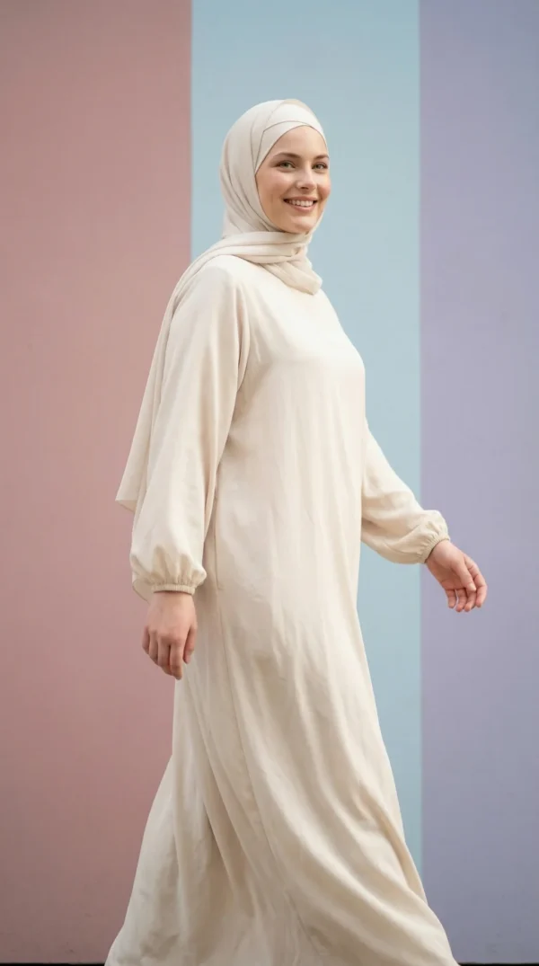 Abaya Kleid mit integriertem Kopftuch Beige - Minimal Photo - Model Style: Hijabi