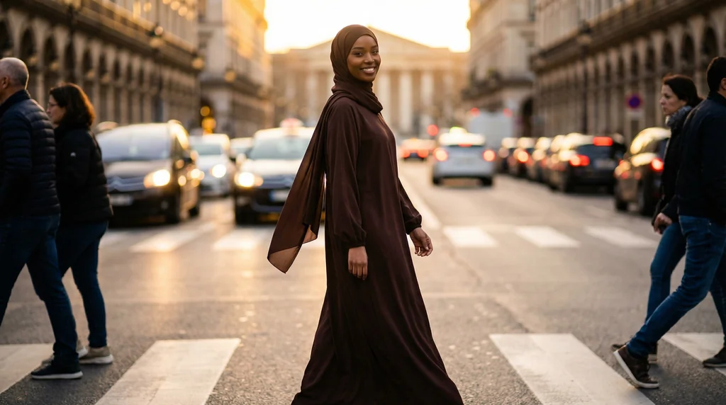 Robe Abaya voile integré Chocolat 1 Robe Abaya voile integré Chocolat - Street Photo - Model Style: Hijabi