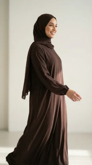 Robe Abaya voile integré Chocolat - Studio Photo - Model Style: Hijabi