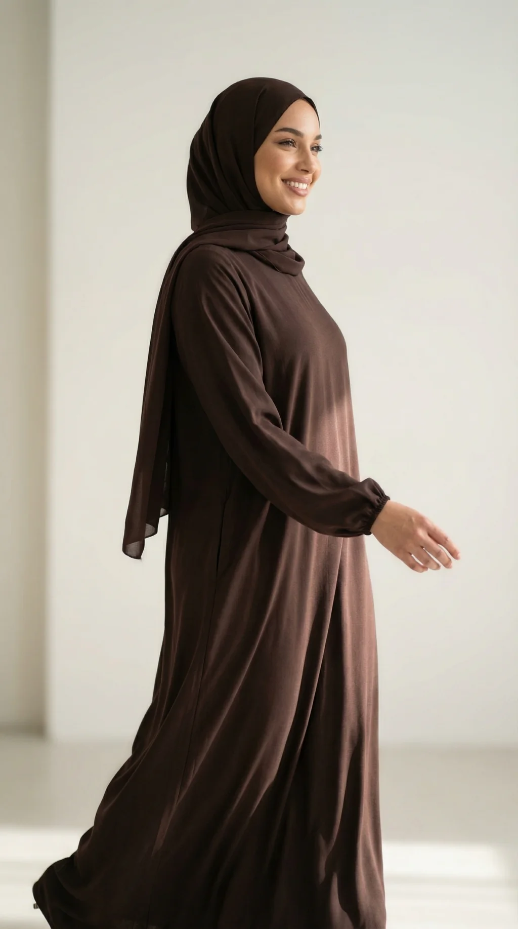 Robe Abaya voile integré Chocolat - Studio Style Robe Abaya voile integré Chocolat - Studio Photo - Model Style: Hijabi