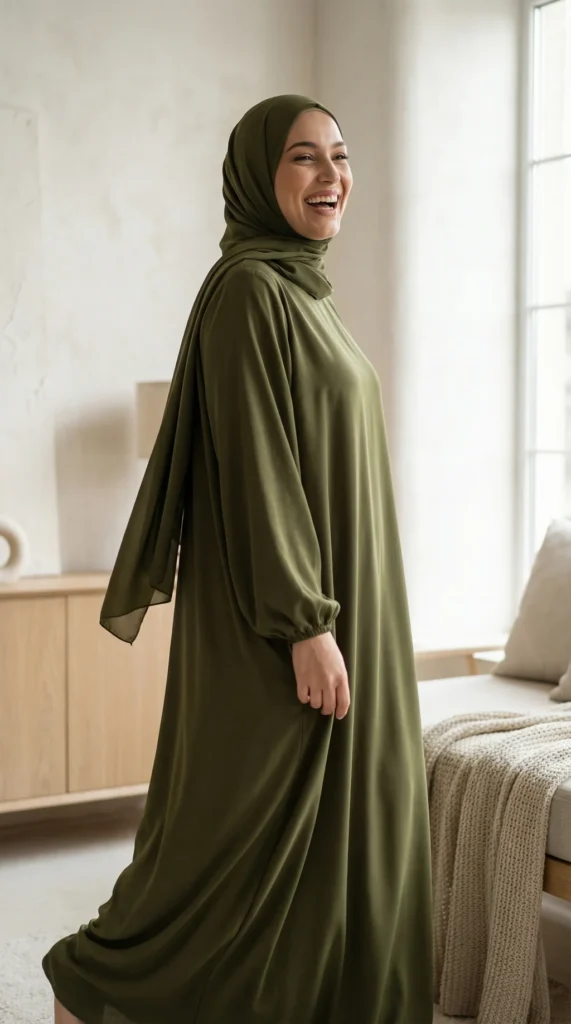 Khaki Abaya Dress with Integrated Veil