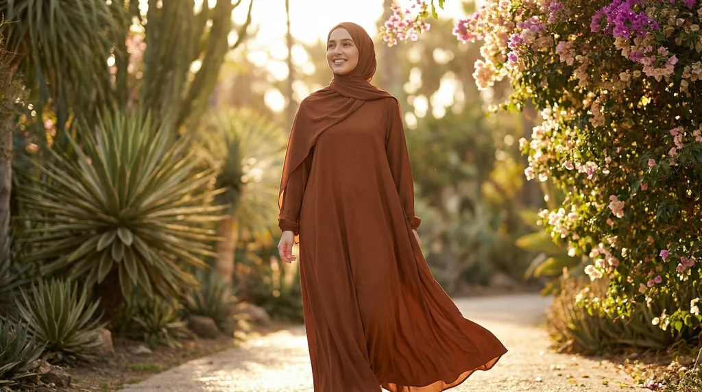 Robe Abaya voile integré Marron 1 Robe Abaya voile integré Marron -
