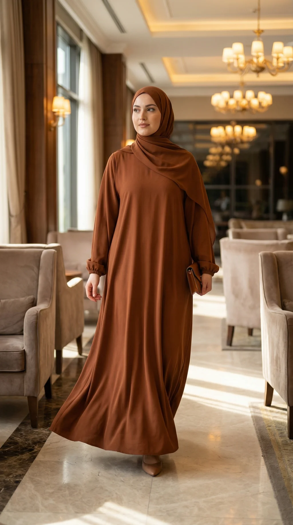 Robe Abaya voile integré Marron - Lifestyle Photo - Model Style: Hijabi