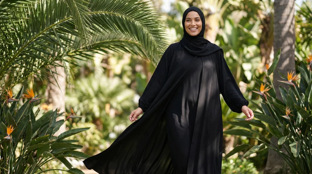 Robe Abaya voile integré Noire 1 Robe Abaya voile integré Noire - Garden Photo - Model Style: Hijabi