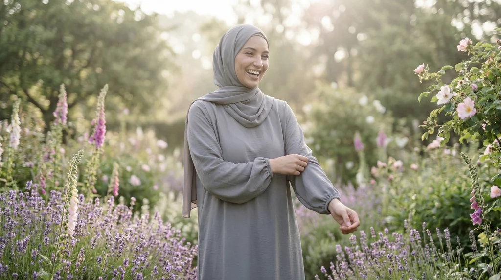 Robe Abaya voile integré Taupe - Garden Photo - Model Style: Hijabi
