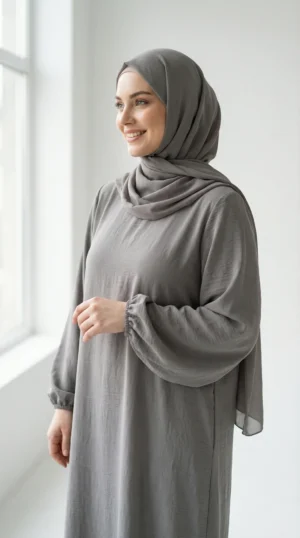 Robe Abaya voile integré Taupe - Studio Photo - Model Style: Hijabi