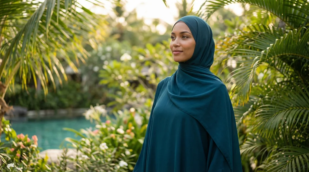 Robe Abaya voile intégré Teal - Garden Photo - Model Style: Hijabi