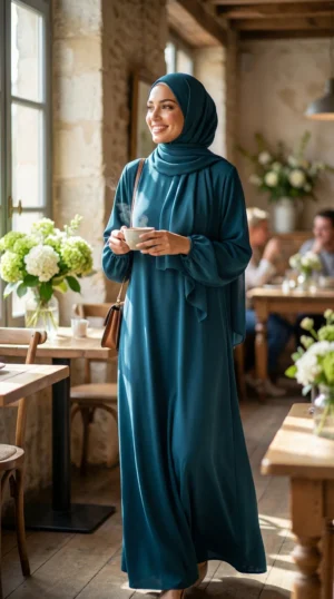 Robe Abaya voile intégré Teal - Lifestyle Photo - Model Style: Hijabi