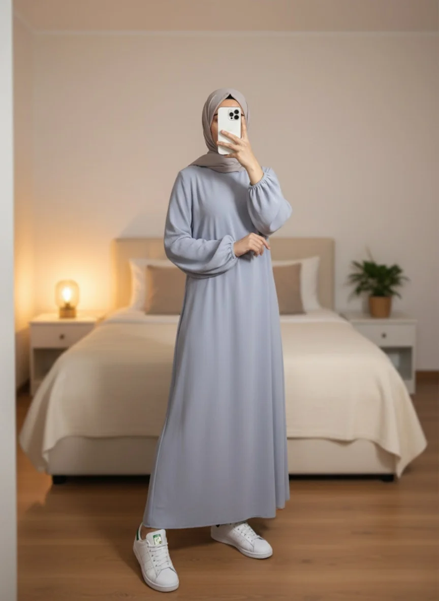 Abaya Grise Simple Longue et Ample avec Manches Élastiques