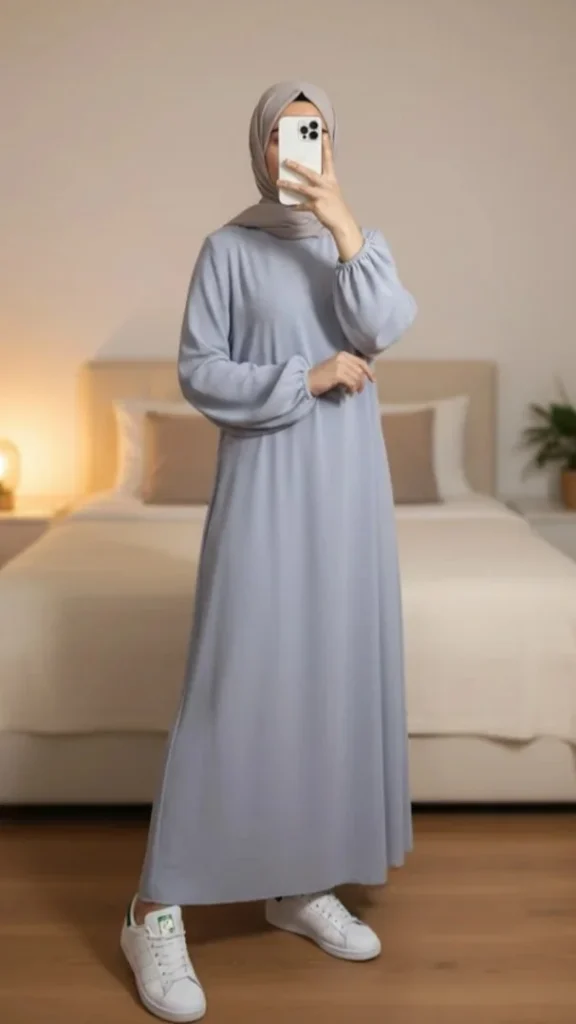 Abaya Grise Simple Longue et Ample avec Manches Élastiques