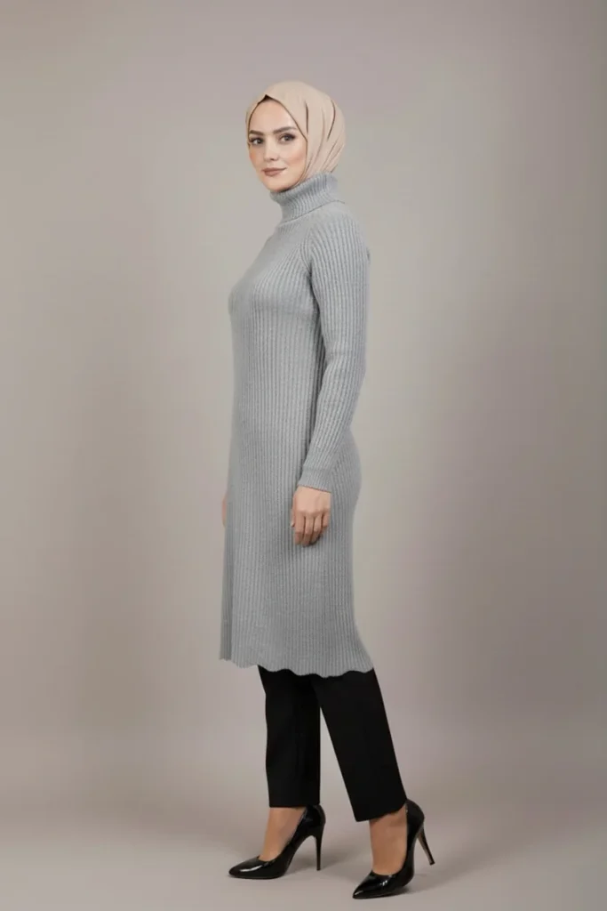 Pull Long Col Roulé en Maille Côtelée gris