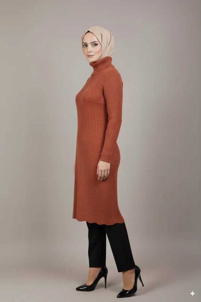 Pull Long Col Roulé en Maille Côtelée terracotta
