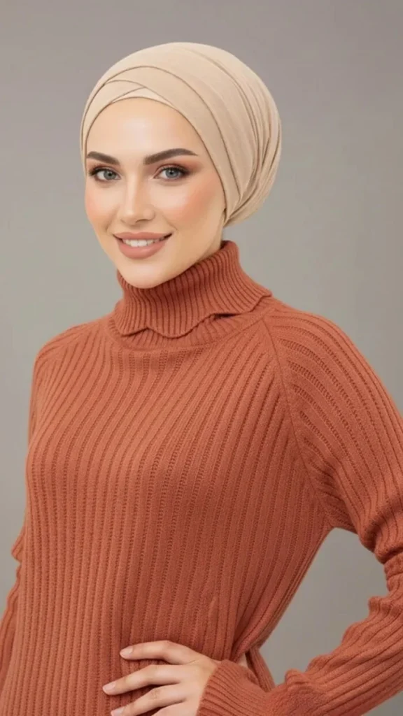 Pull long à col roulé côtelé Terracotta – vue 2
