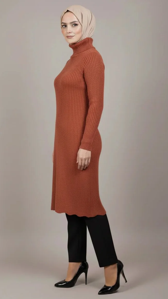 Pull Long Col Roulé en Maille Côtelée terracotta