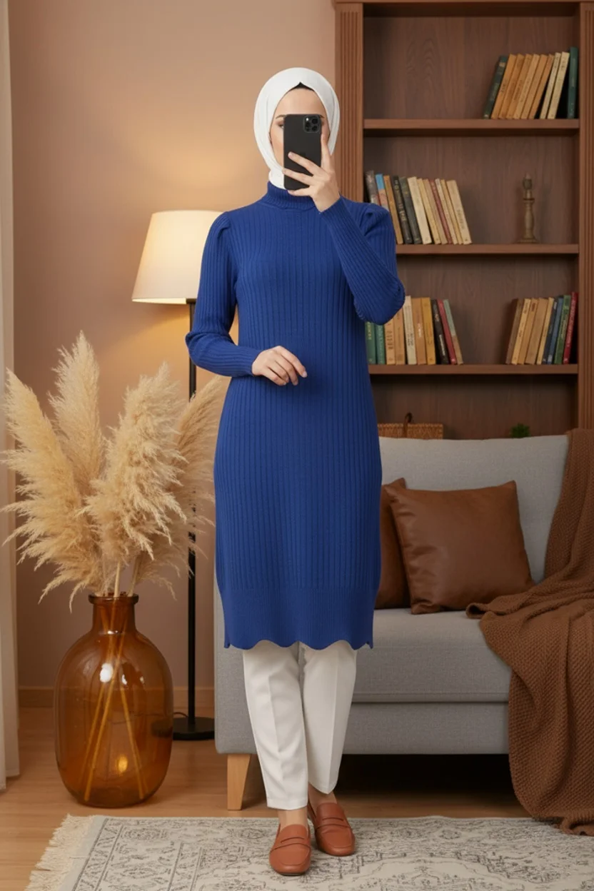 Pull-long-col-roule-en-maille-bleu