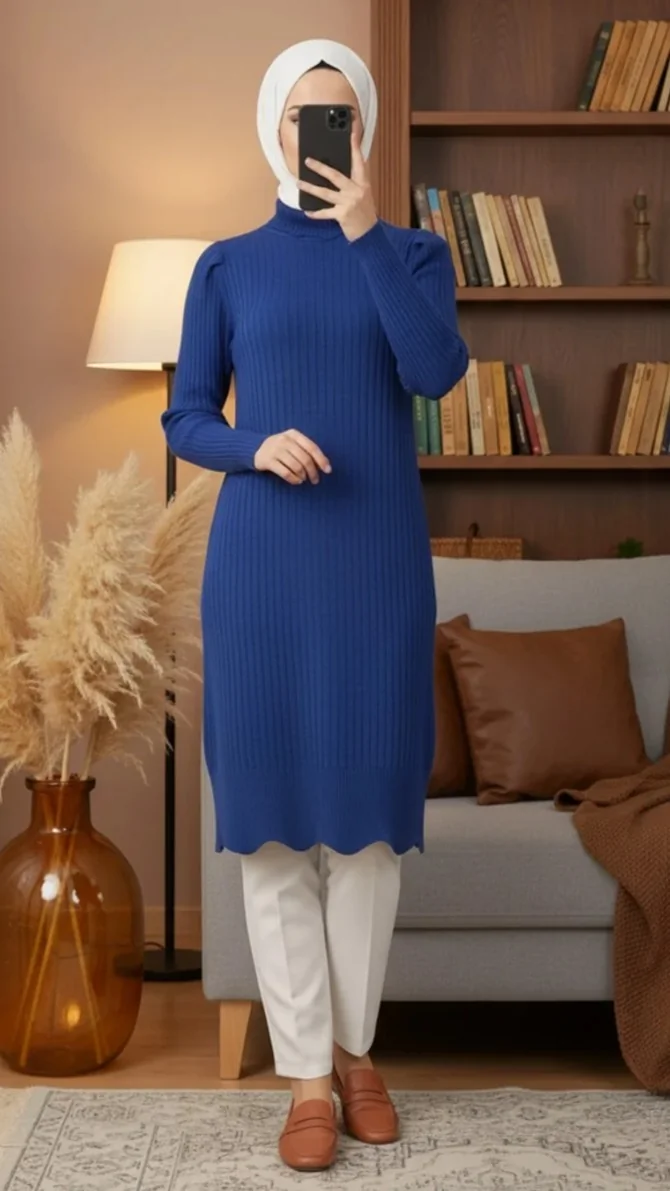 Pull-long-col-roule-en-maille-bleu