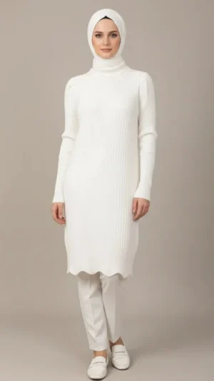 Pull Long Col Roulé en Maille Côtelée BLANC
