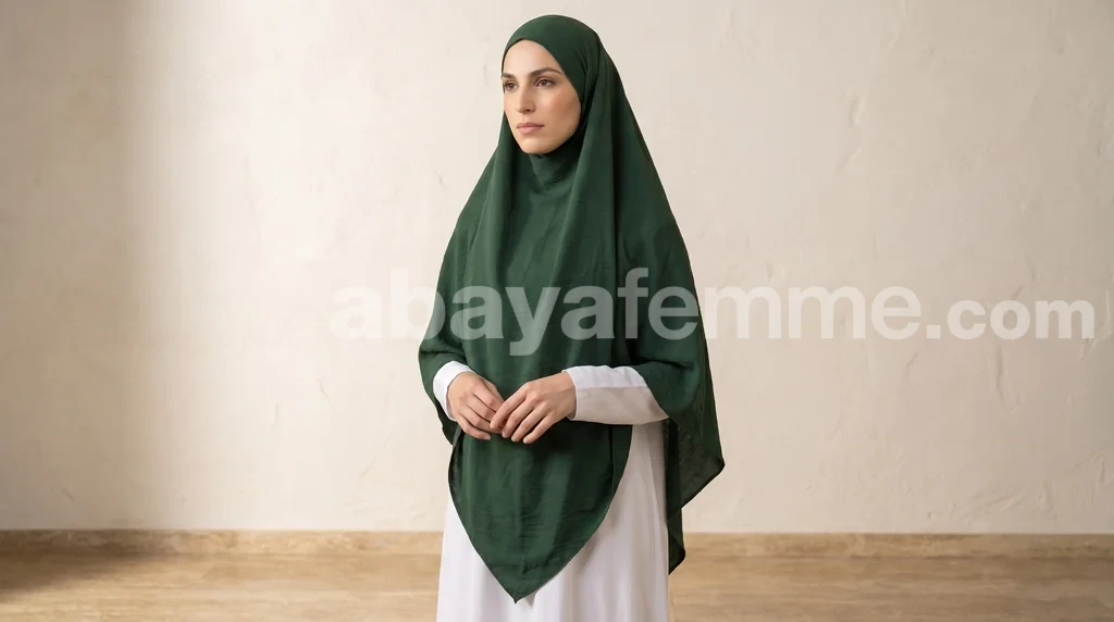 Khimar jazz vert 1 Khimar jazz vert porté en extérieur, tissu fluide et opaque