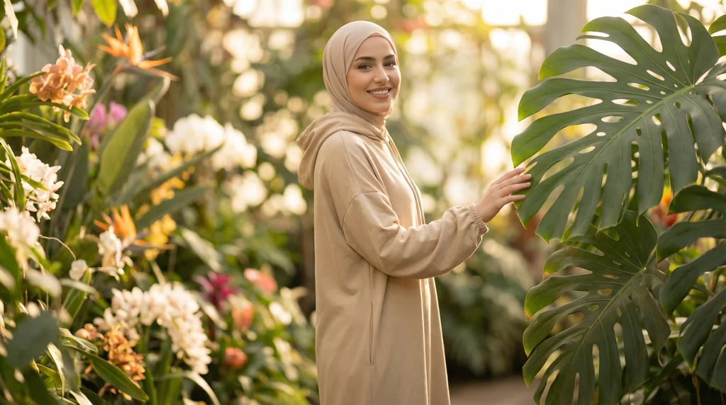 Abaya à Capuche Beige Bi-Stretch 1 Abaya à capuche beige bi-stretch - Garden Photo - Model Style: Hijabi