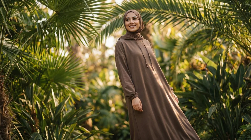 Abaya à capuche marron bi-stretch 1 Abaya à capuche bi-stretch marron - Garden Photo - Model Style: Hijabi