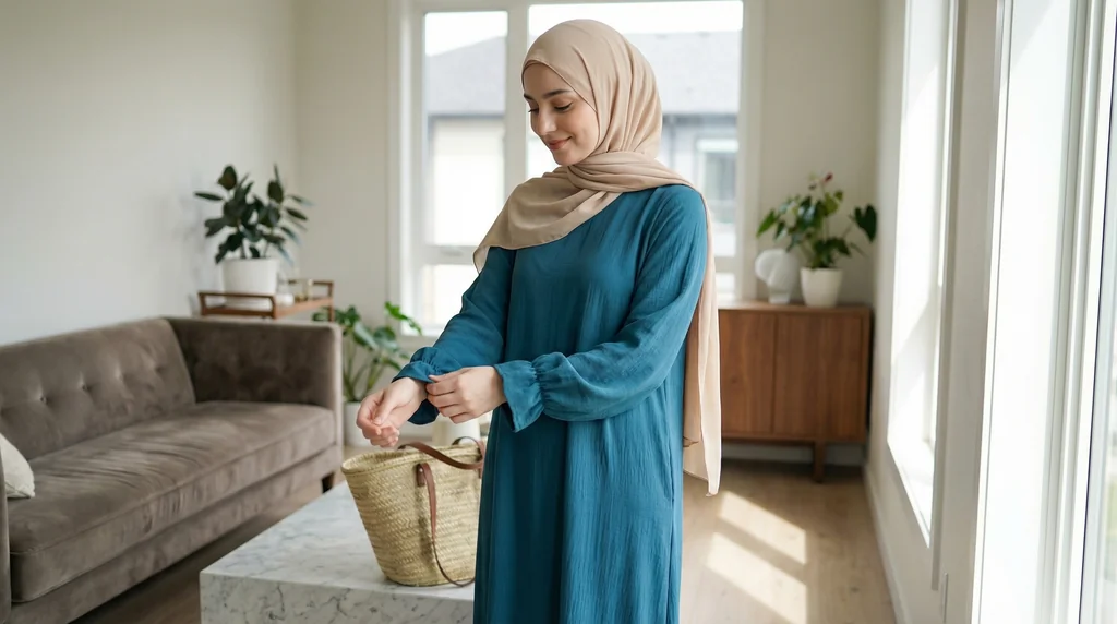 Abaya Bleu Canard en Jazz Manches Volant - Lifestyle Photo - Model Style: Hijabi