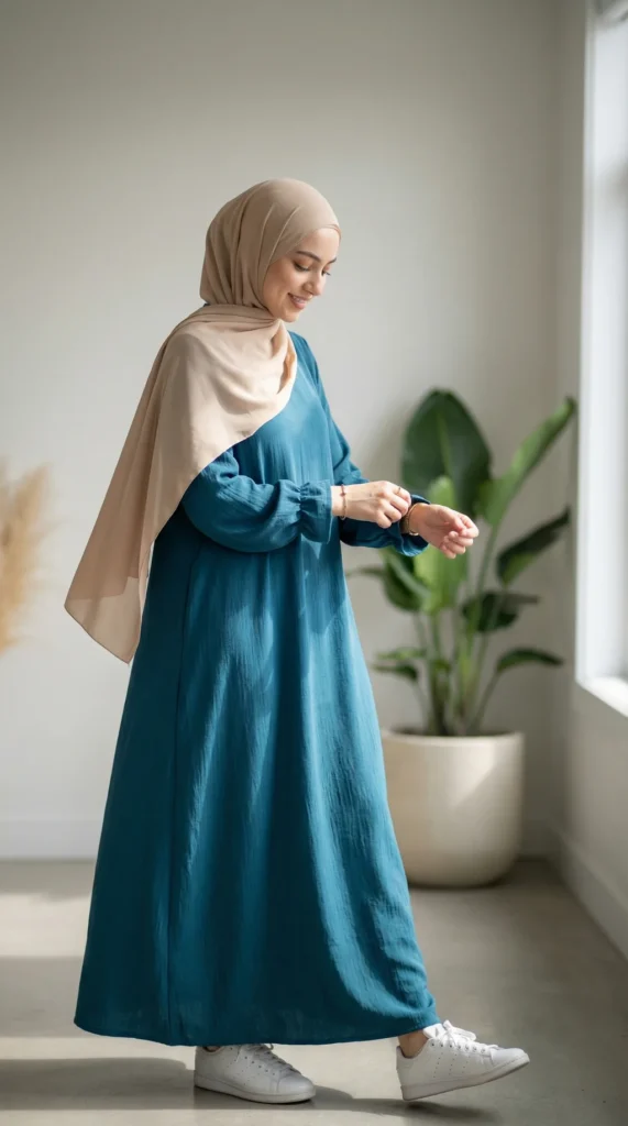 Abaya Bleu Canard en Jazz Manches Volant – vue 2