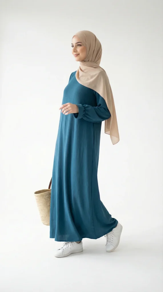 Abaya Bleu Canard en Jazz  Manches Volant - Studio Photo - Model Style: Hijabi